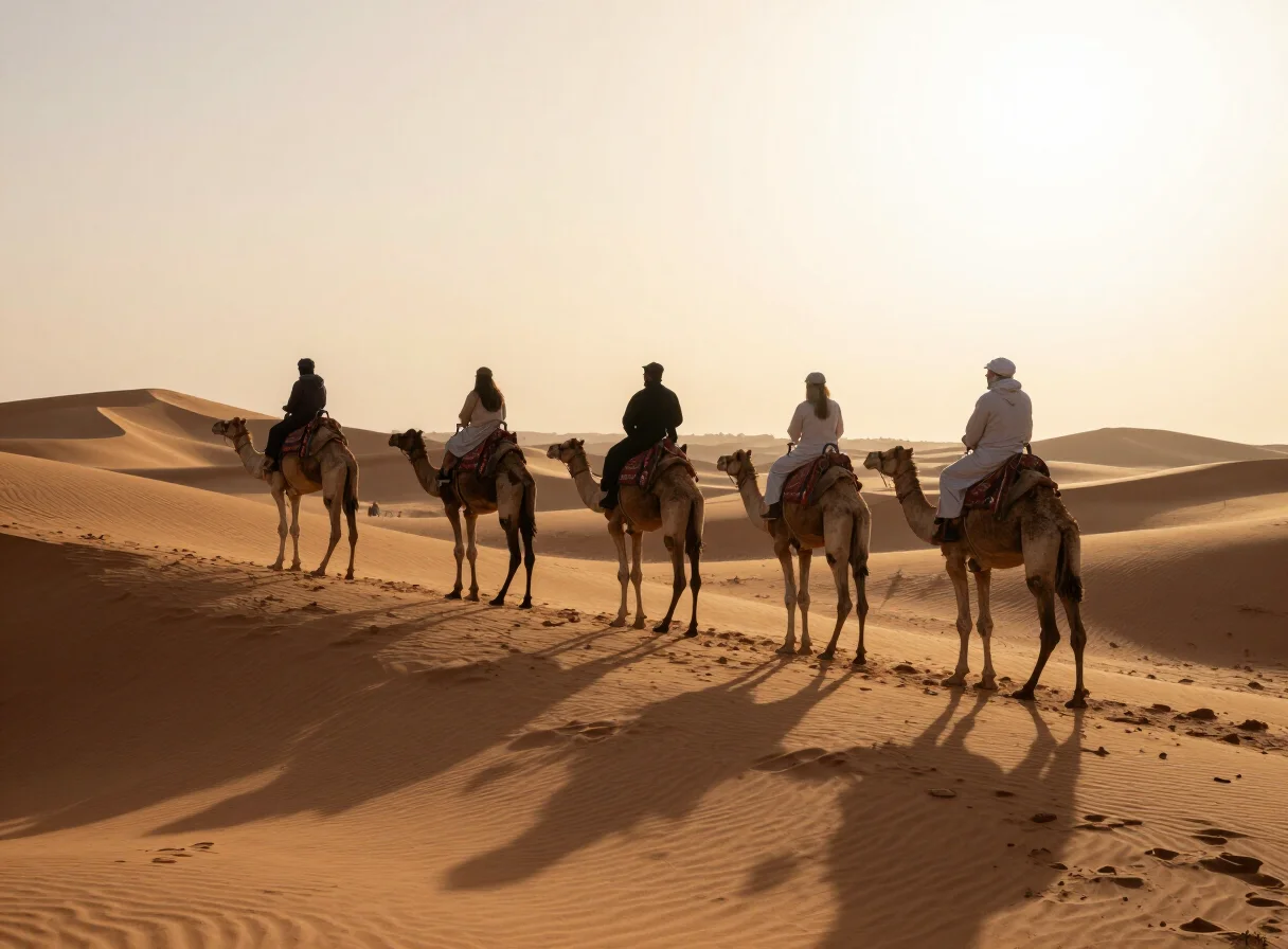 Camel caravan crossing the Erg Chebbi dunes in Morocco